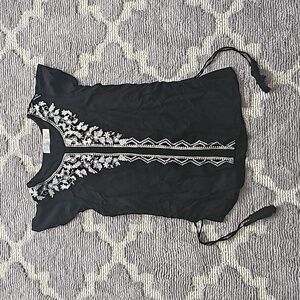 Womens size S black ruffle sleeve top white embroidery tassel cinch side ties